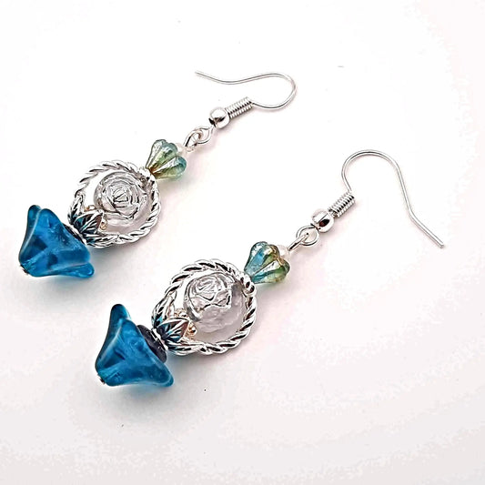 Blue Czech flower beaded Earrings - Image #1