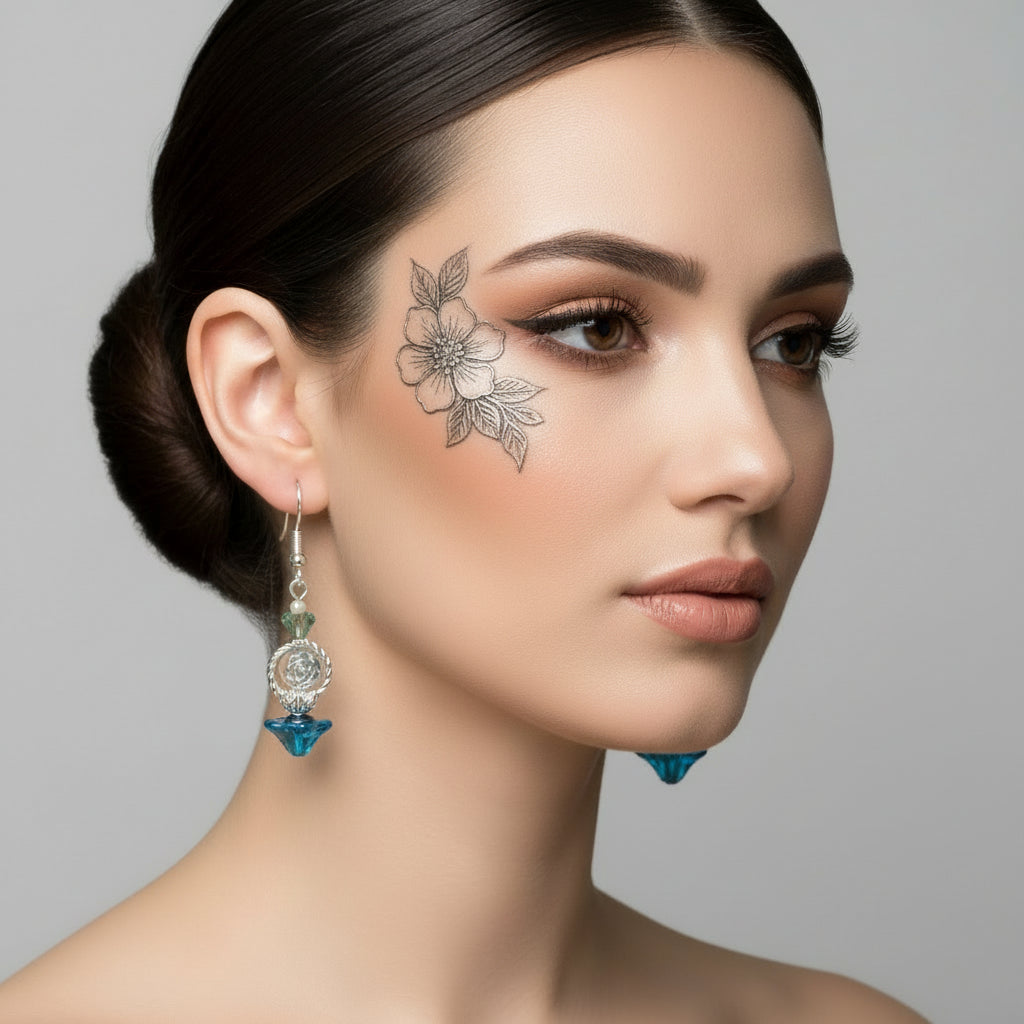 Pair of earrings with blue and clear glass beads hanging on a branch.