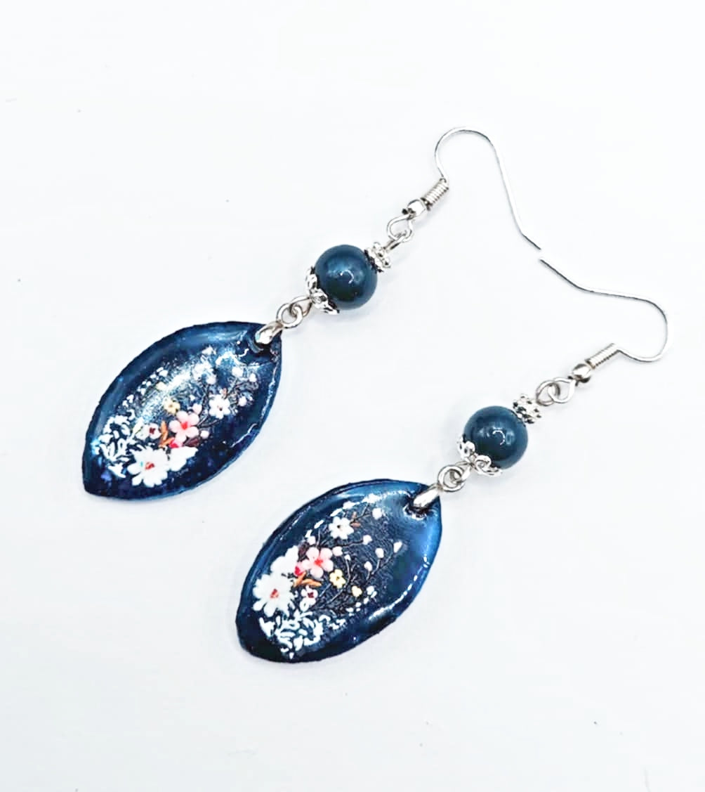 Resincrete navy Blue with Fowers Earrings 2.5 inches