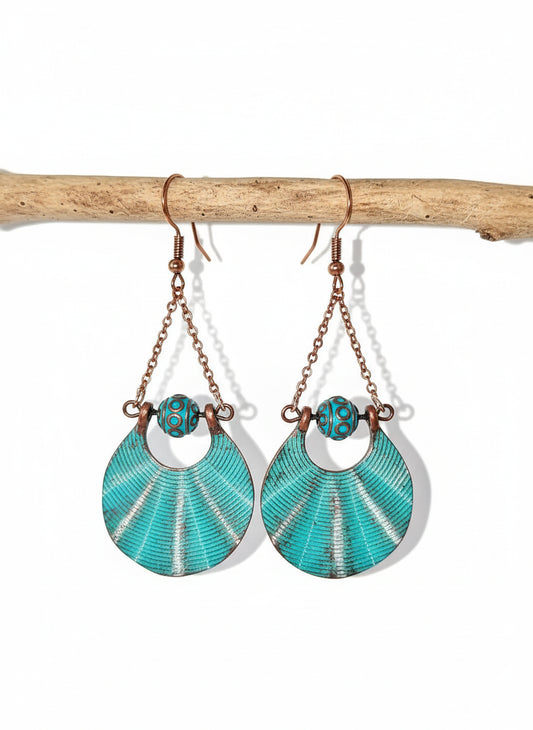 Patina fan shaped Earrings rose gold chain