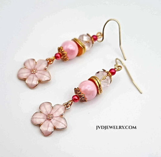 Pink enamel flower earrings 2 inches - Image #1