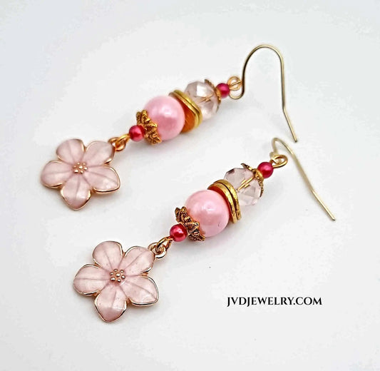 Pink enamel flower earrings 2 inches