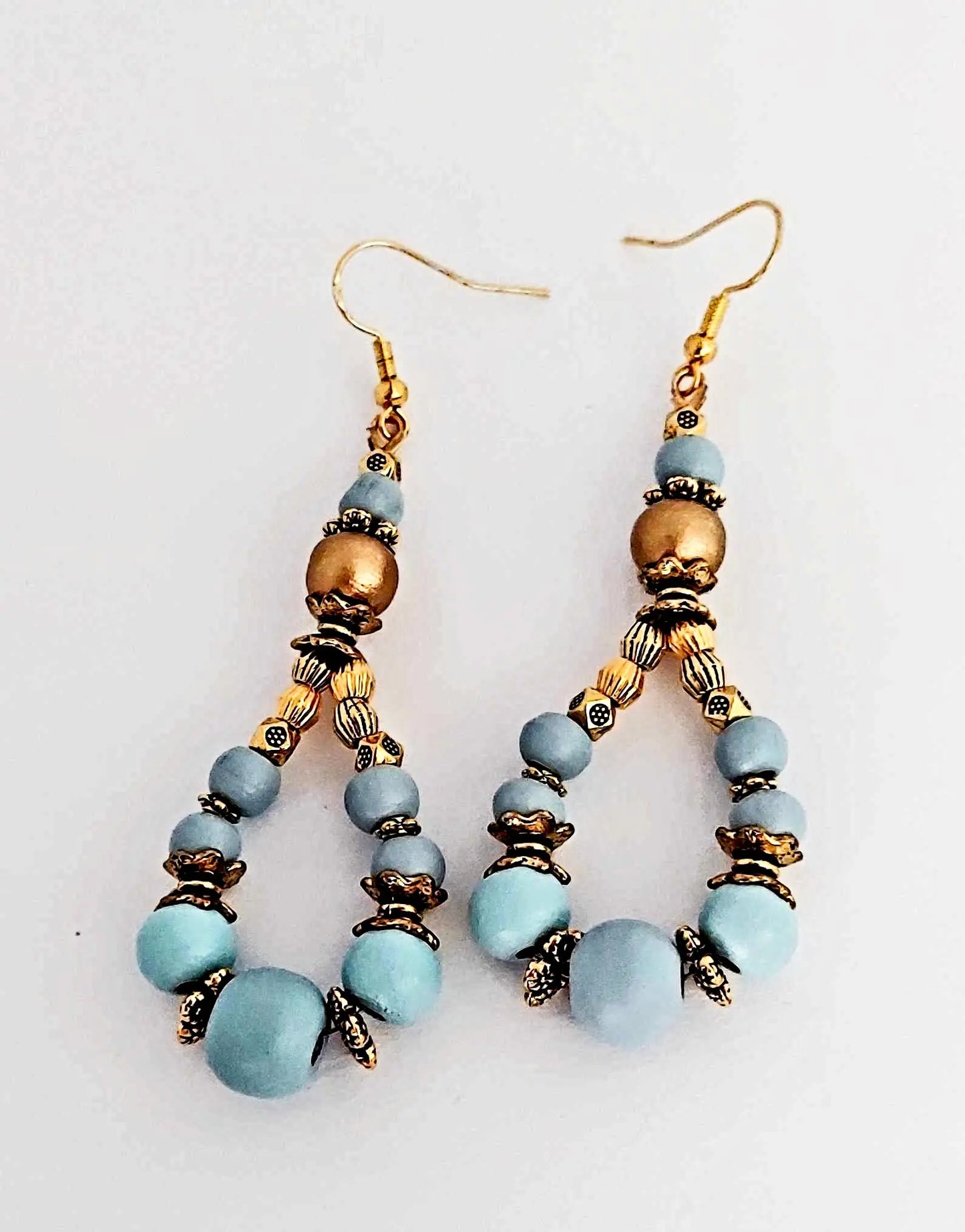 Blue Teal Wooden Antique Gold Dangle Earrings 3inches