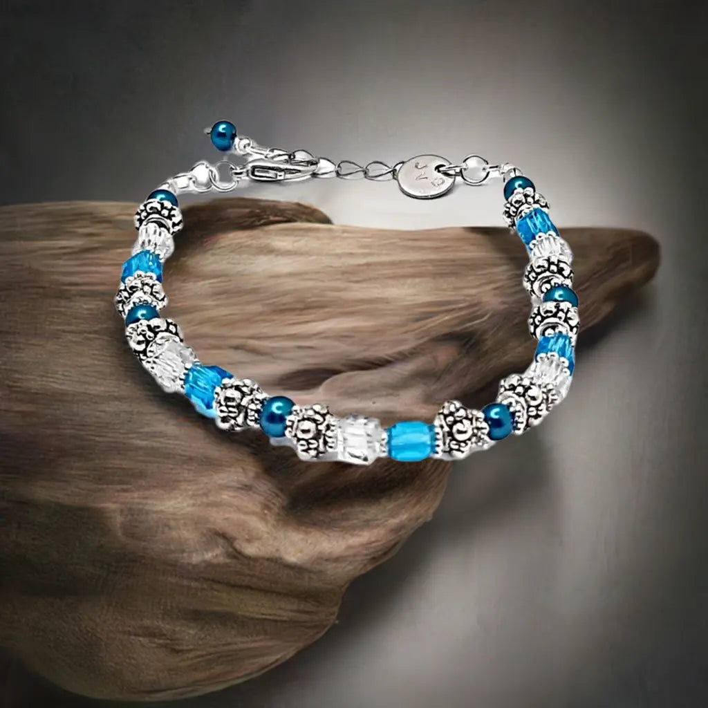 Blue turquoise silver beaded Bracelet - Image #2