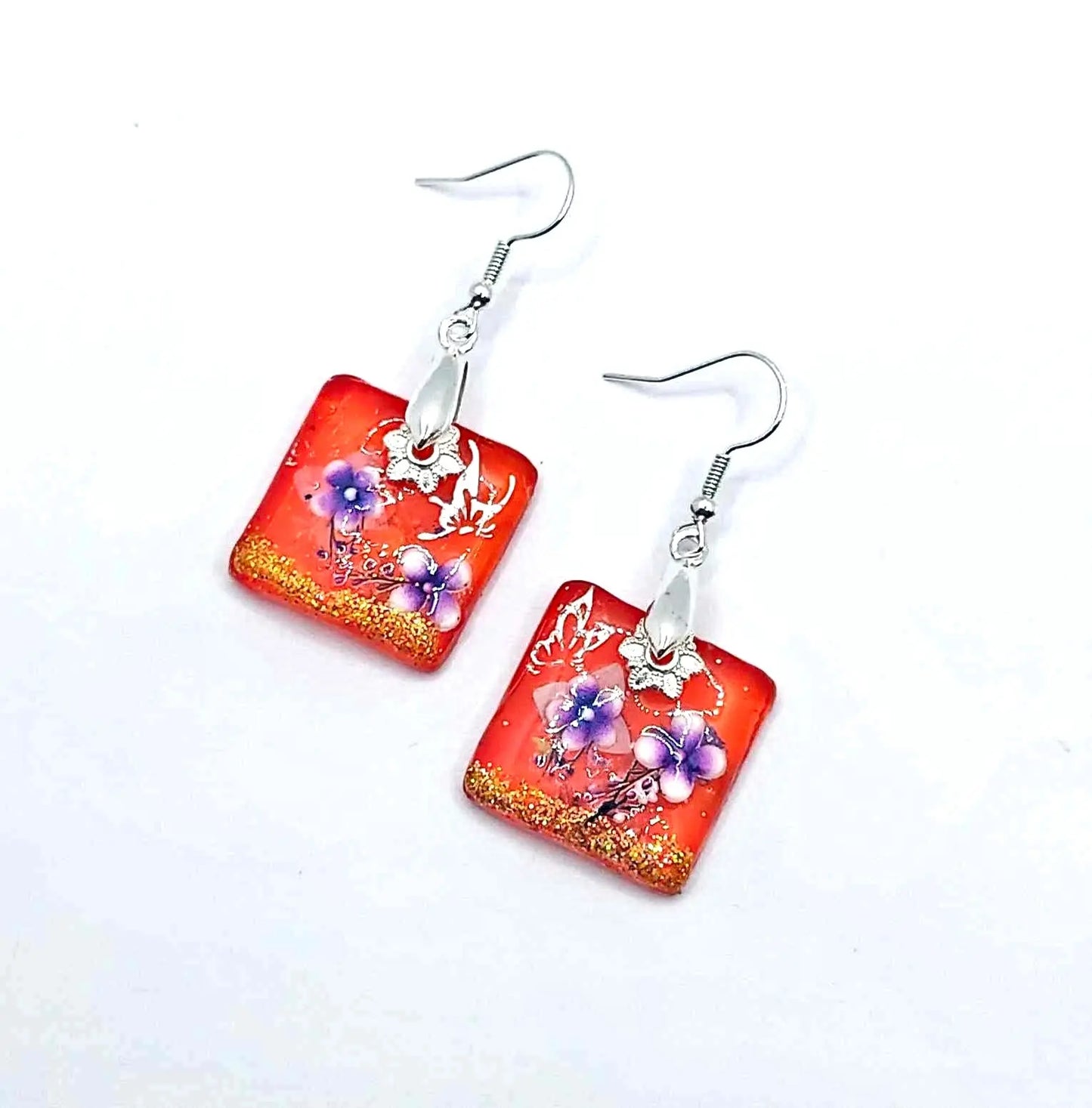 Tangerine Sea Glass Handcrafted Resin Flower Earrings 1.75 inches