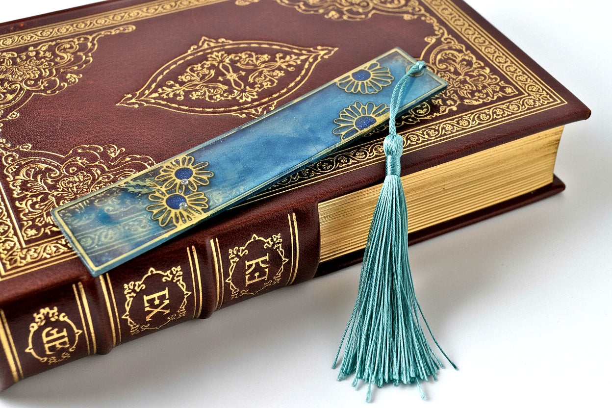Blue Tassel Bookmark with Gold Floral Resin Charm