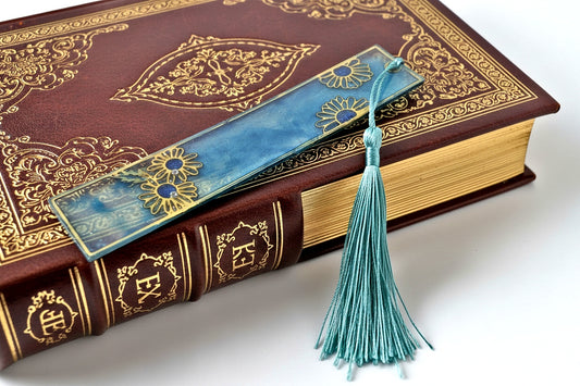 Blue Tassel Bookmark with Gold Floral Resin Charm