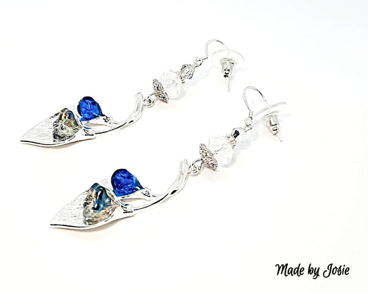 Blue and crystal clear Cala Lily earrings sterling ear hooks