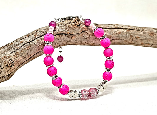 Pink Lava Bead Anklet - Stretch Design with Glass & Silver Hearts | 8.5-11"