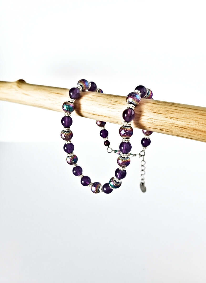 Amethyst and Iridescent Glass Bead Bracelet with Extension Chain