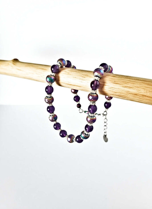 Amethyst and Iridescent Glass Bead Bracelet with Extension Chain