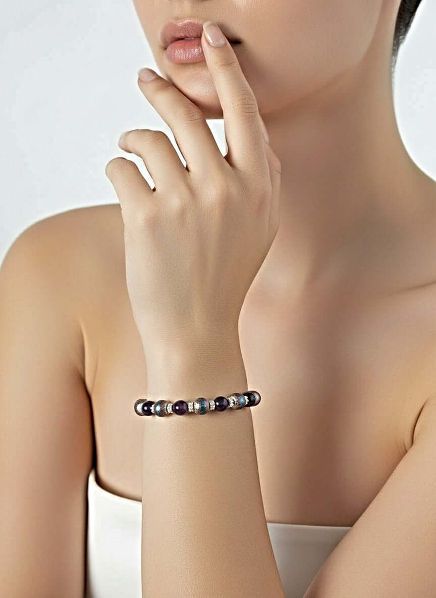 Amethyst and Iridescent Glass Bead Bracelet with Extension Chain