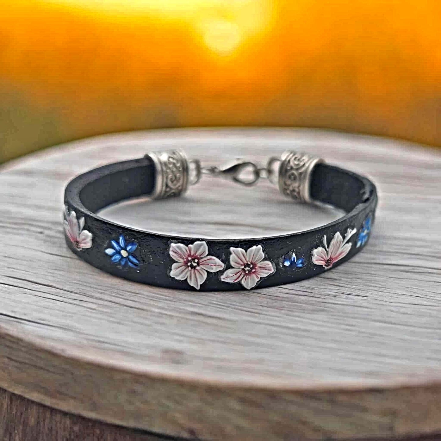 Handcrafted black leather flower Bracelet