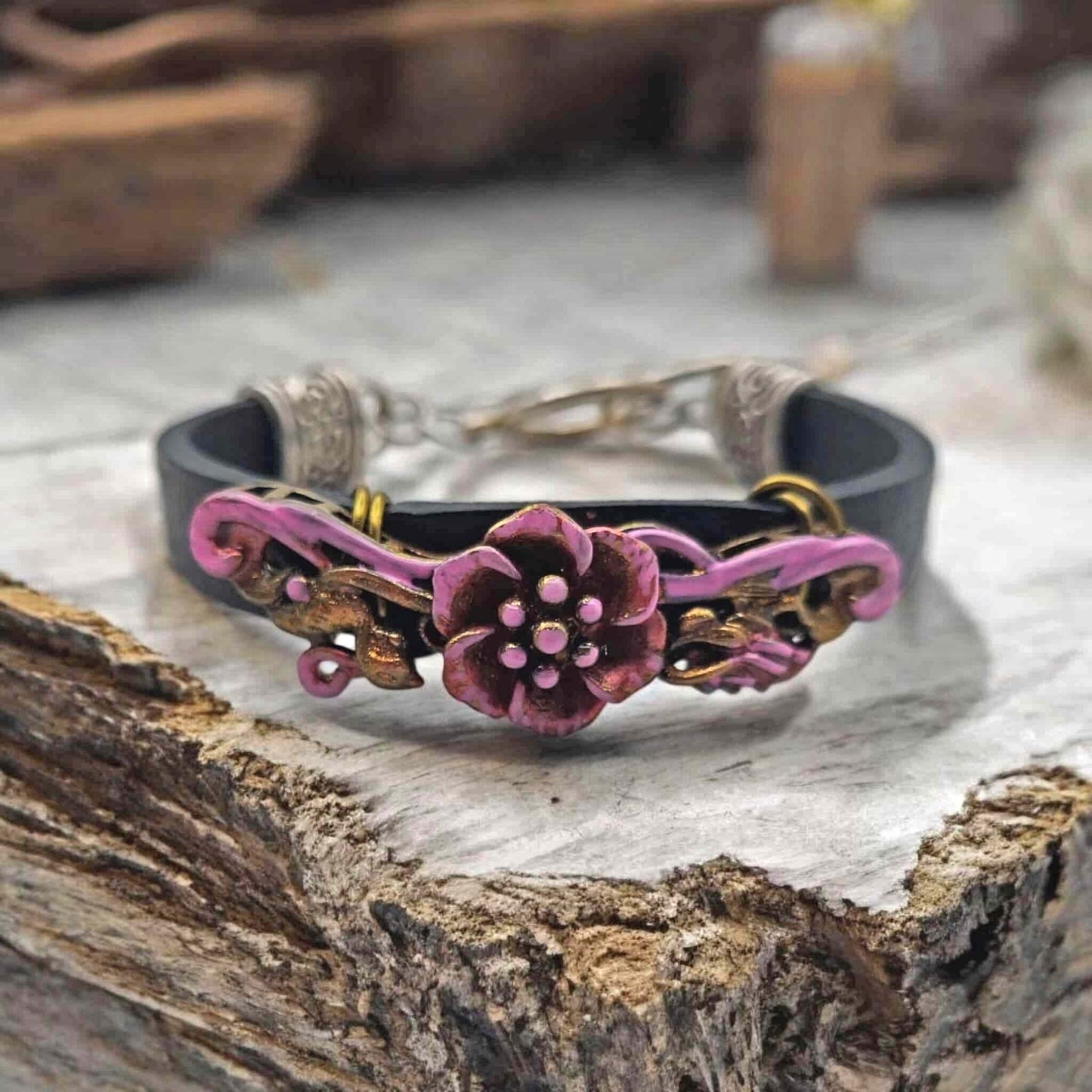 Antique Metal Flower handpainted pink Bracelet black leather
