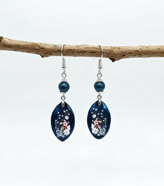Resincrete navy Blue with Fowers Earrings 2.5 inches