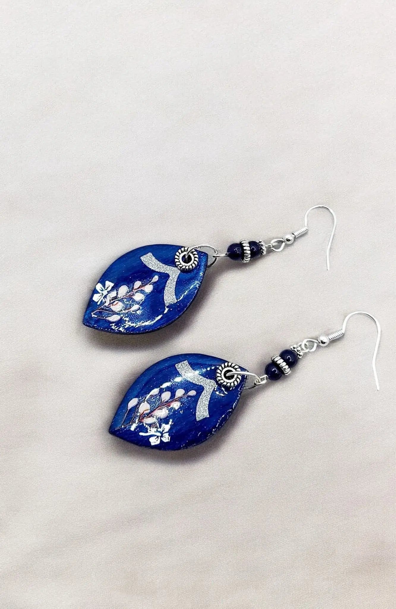 Navy blue light wood drop Earrings silver 2.5inches - Image #3