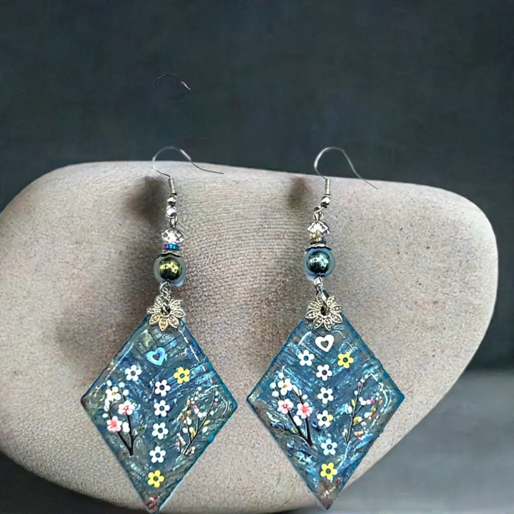 Long light wood triangle resin flowers Earrings 3.5inches