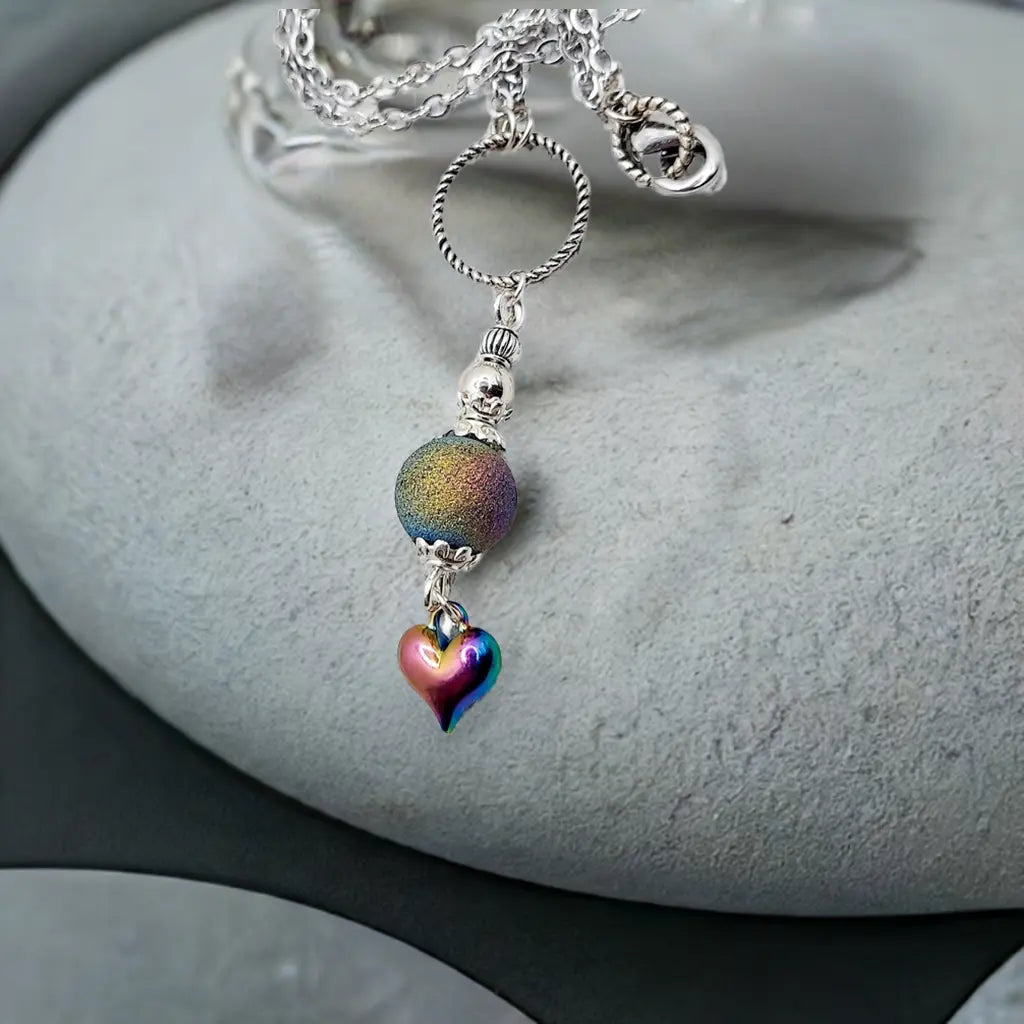 Rainbow beaded Necklace Ion platin Heart 18inch chain - Image #2