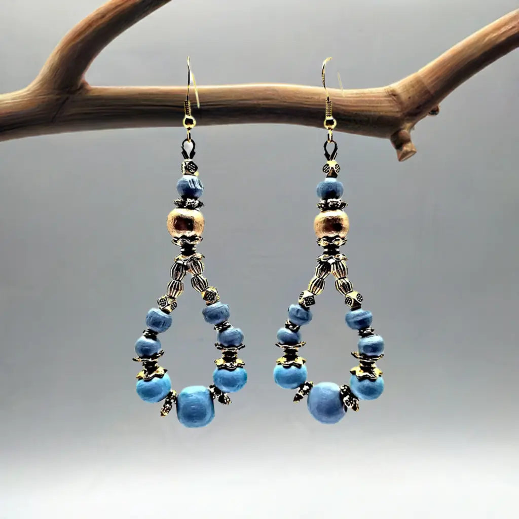 Blue Teal Wooden Antique Gold Dangle Earrings 3inches