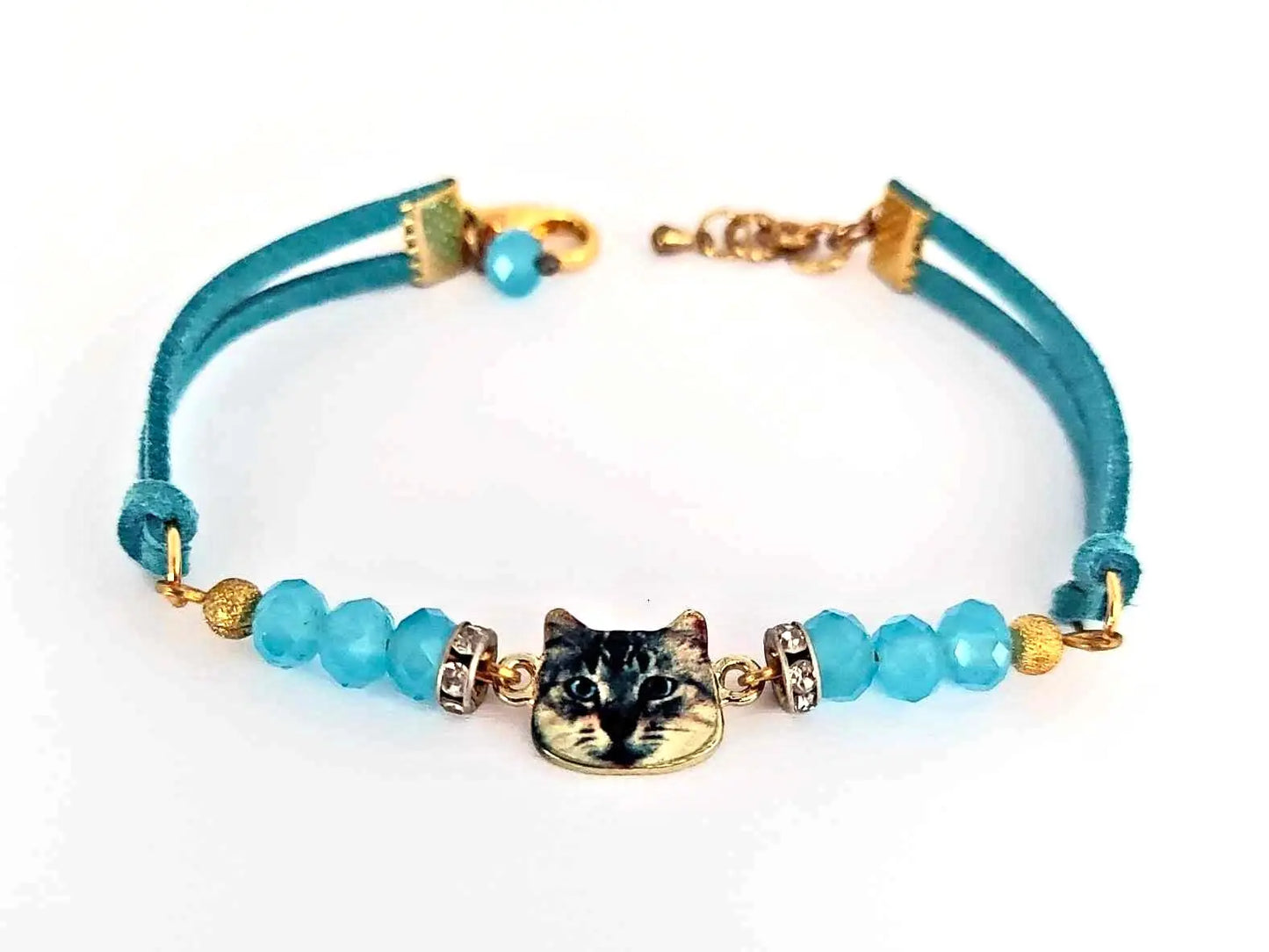 Elegant Blue Suede Bracelet with Cat Face Focal Charm