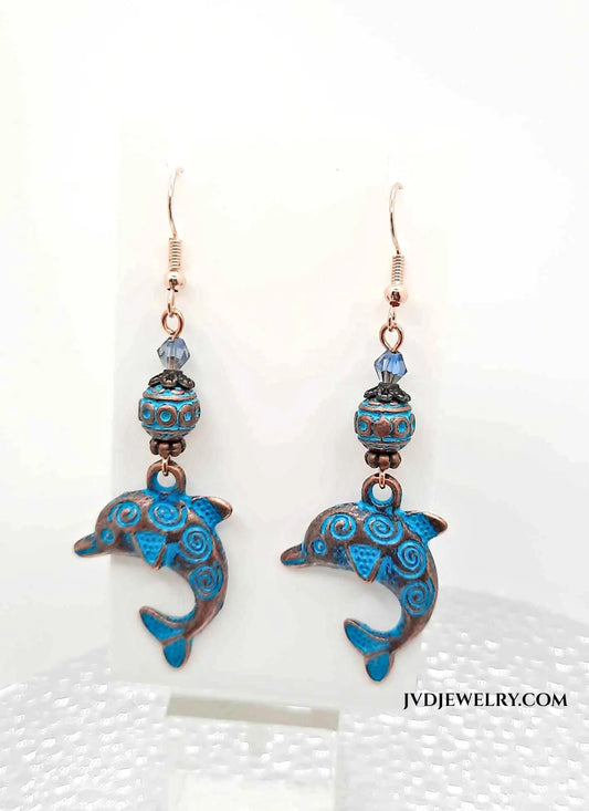 Patina bead and dolphin earrings - Image #1