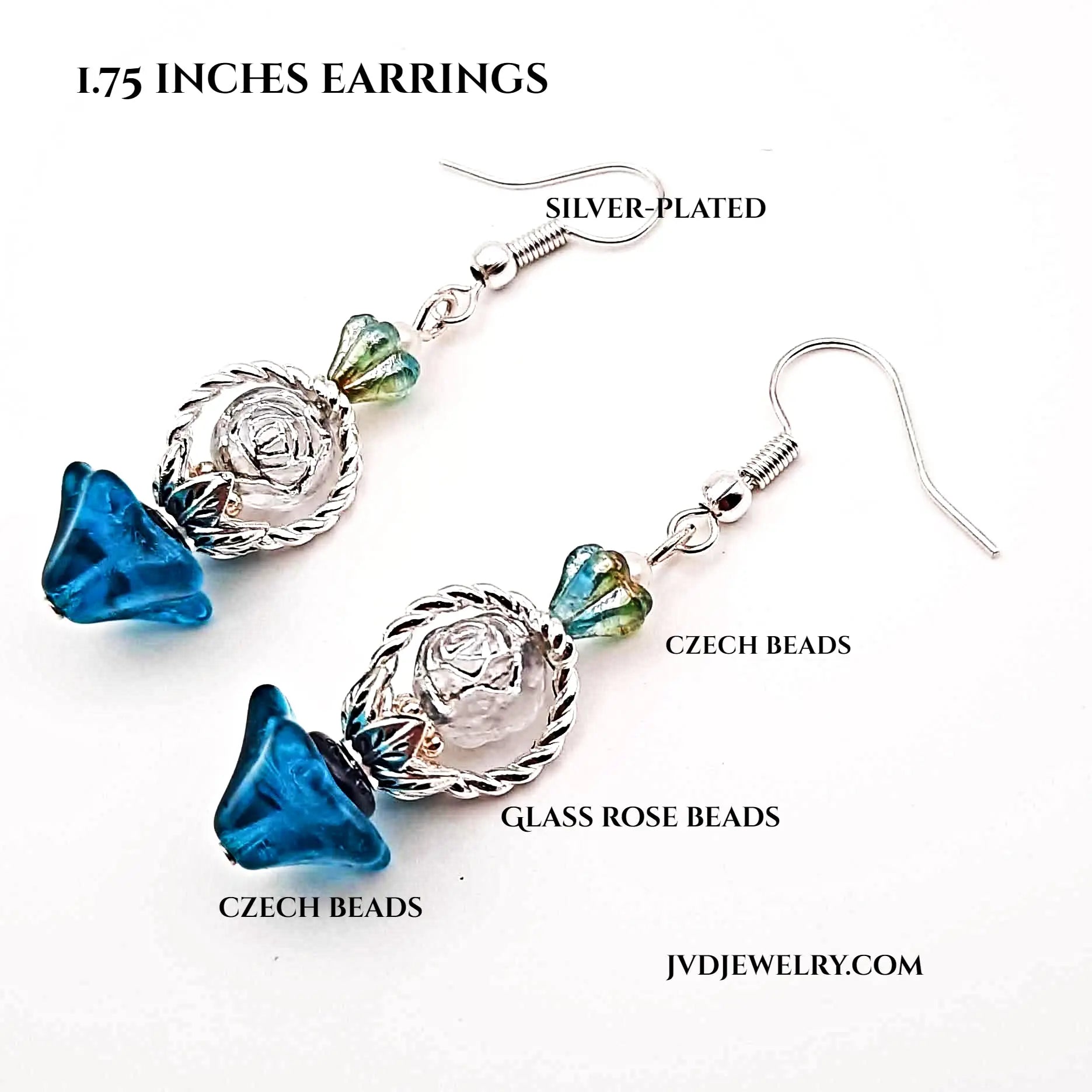 Blue Czech flower beaded Earrings - Image #2