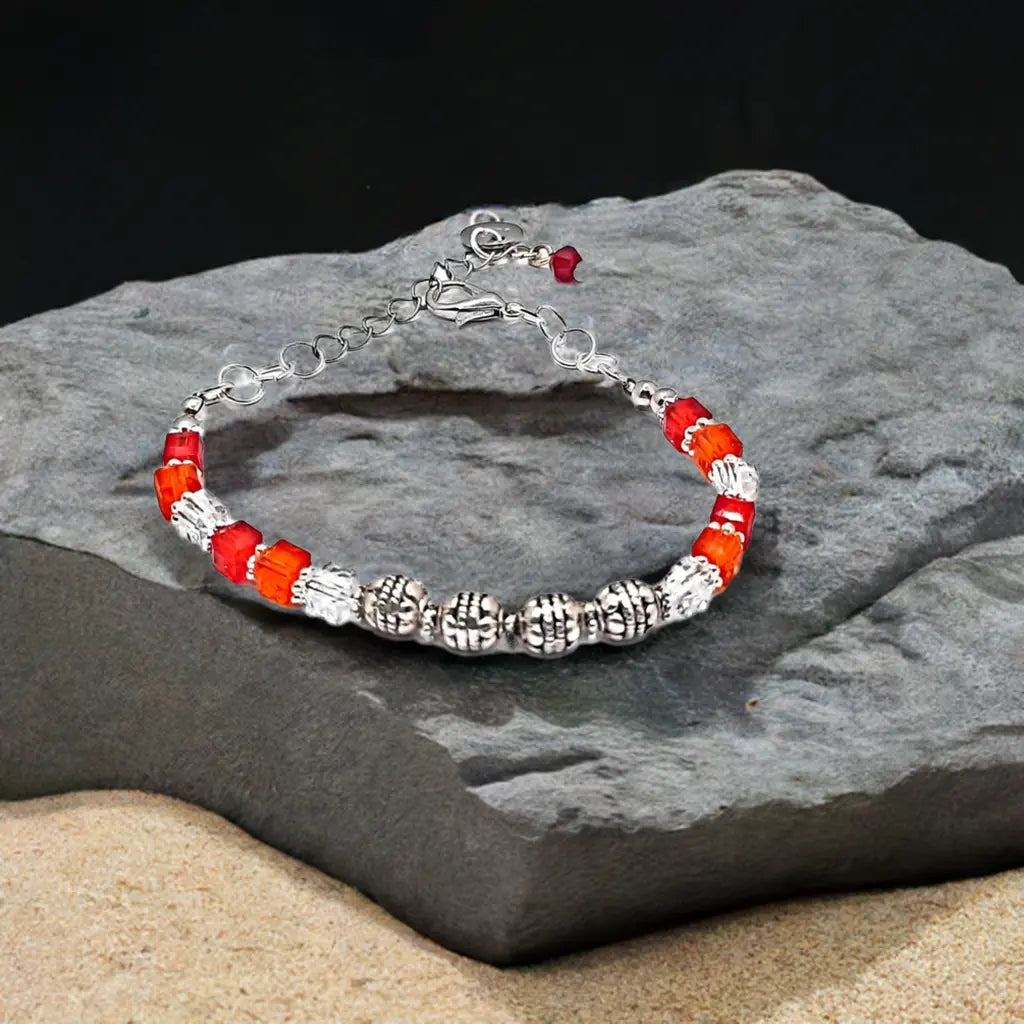 Red orange silver beaded Bracelet - Image #2