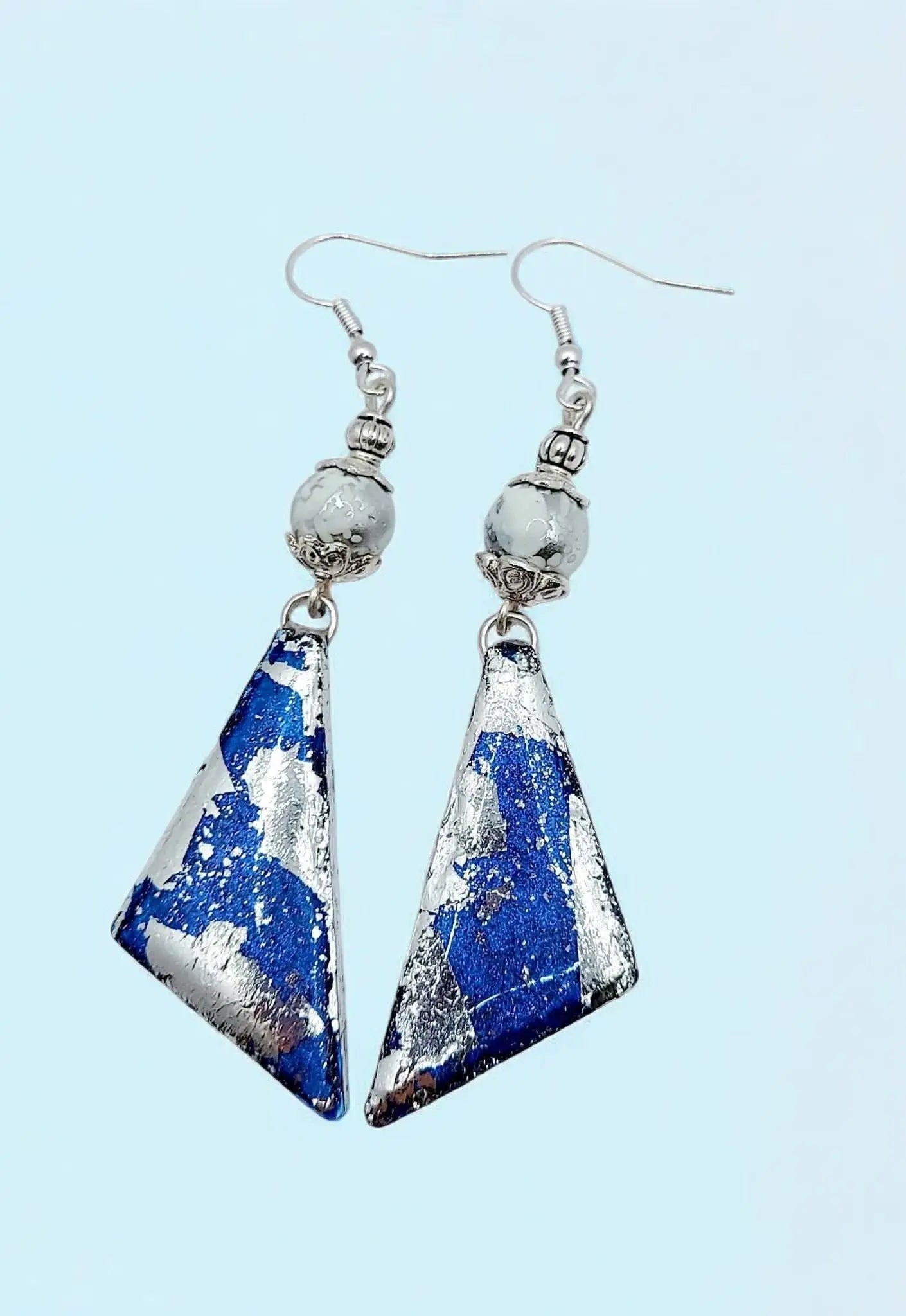 Resincrete Silver Paperfoil blue dangle Earrings 2.75" - Image #5