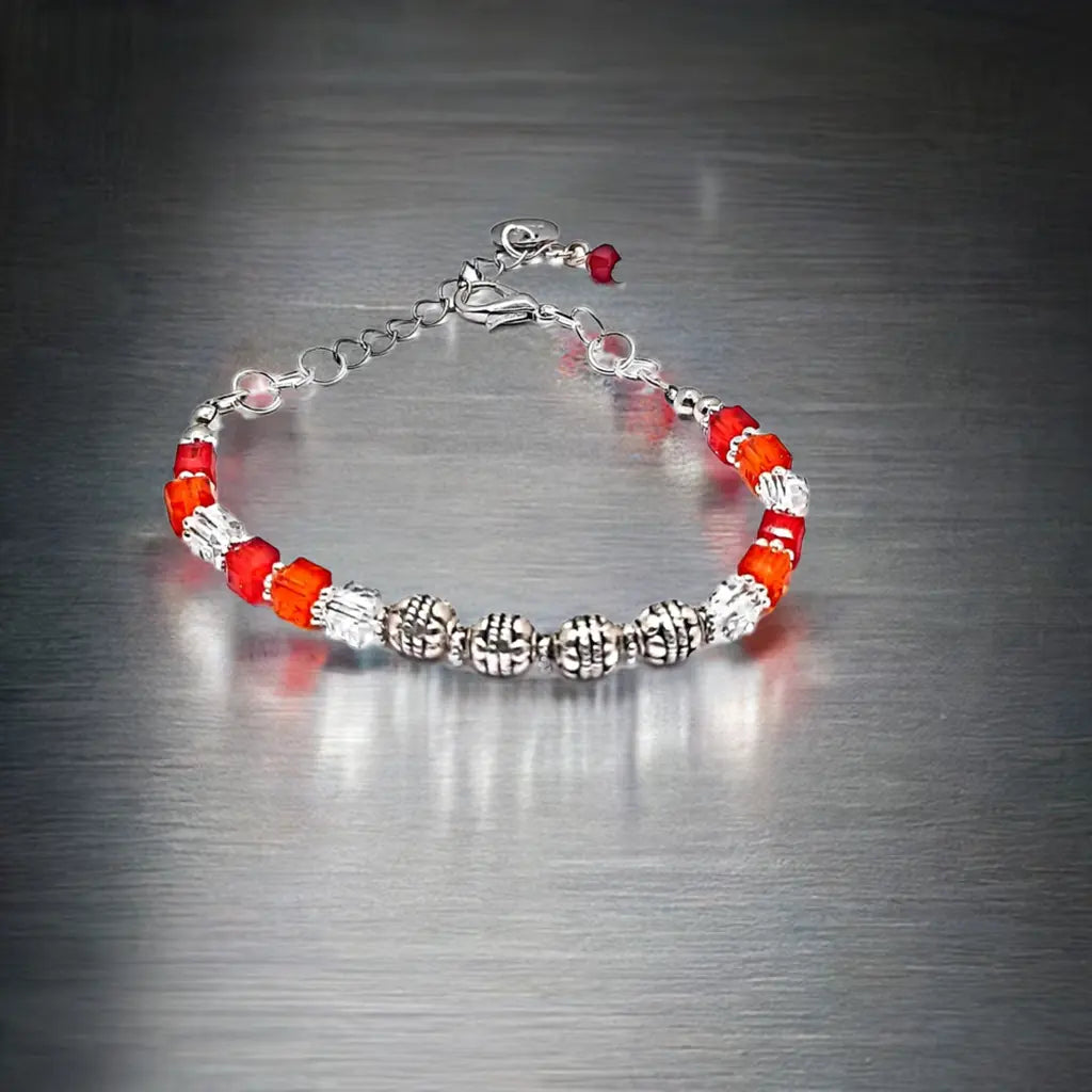 Red orange silver beaded Bracelet - Image #2