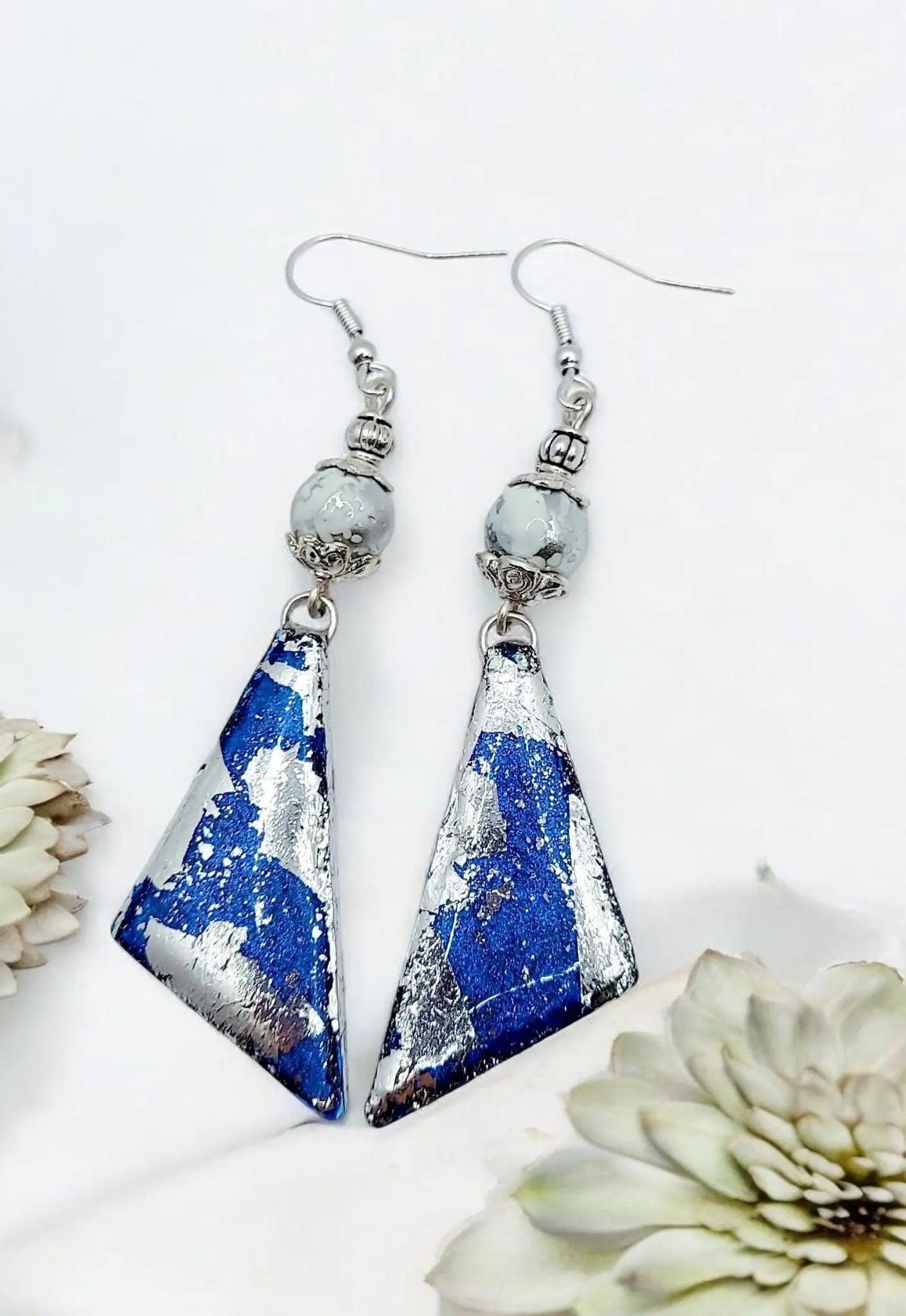 Resincrete Silver Paperfoil blue dangle Earrings 2.75" - Image #4