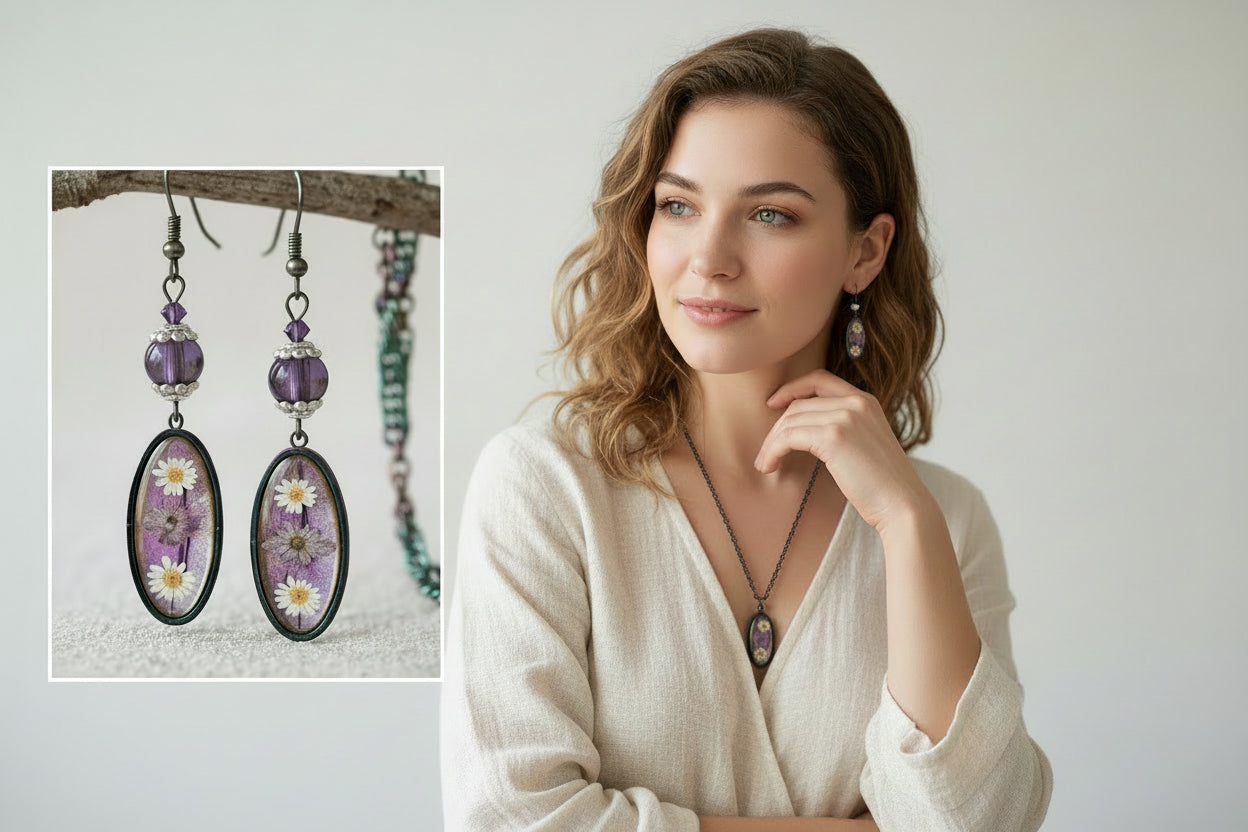 Jewelry set with earrings and a necklace hanging on a branch against a blurred natural background