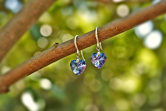 Heart Iridescent Crystal Earrings - Pink Blue Silver Plated Dangle Earrings for Women