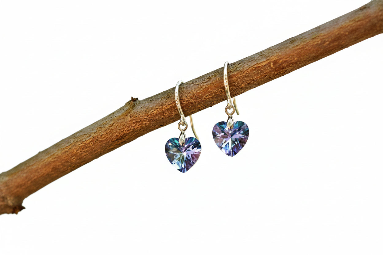 Heart Iridescent Crystal Earrings - Pink Blue Silver Plated Dangle Earrings for Women