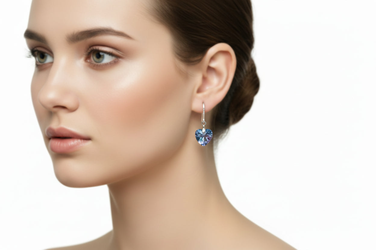 Heart Iridescent Crystal Earrings - Pink Blue Silver Plated Dangle Earrings for Women