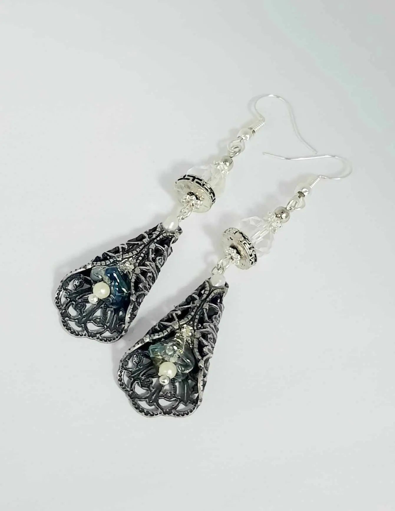 Antique silver vintage Czeck flower earrings - Image #3