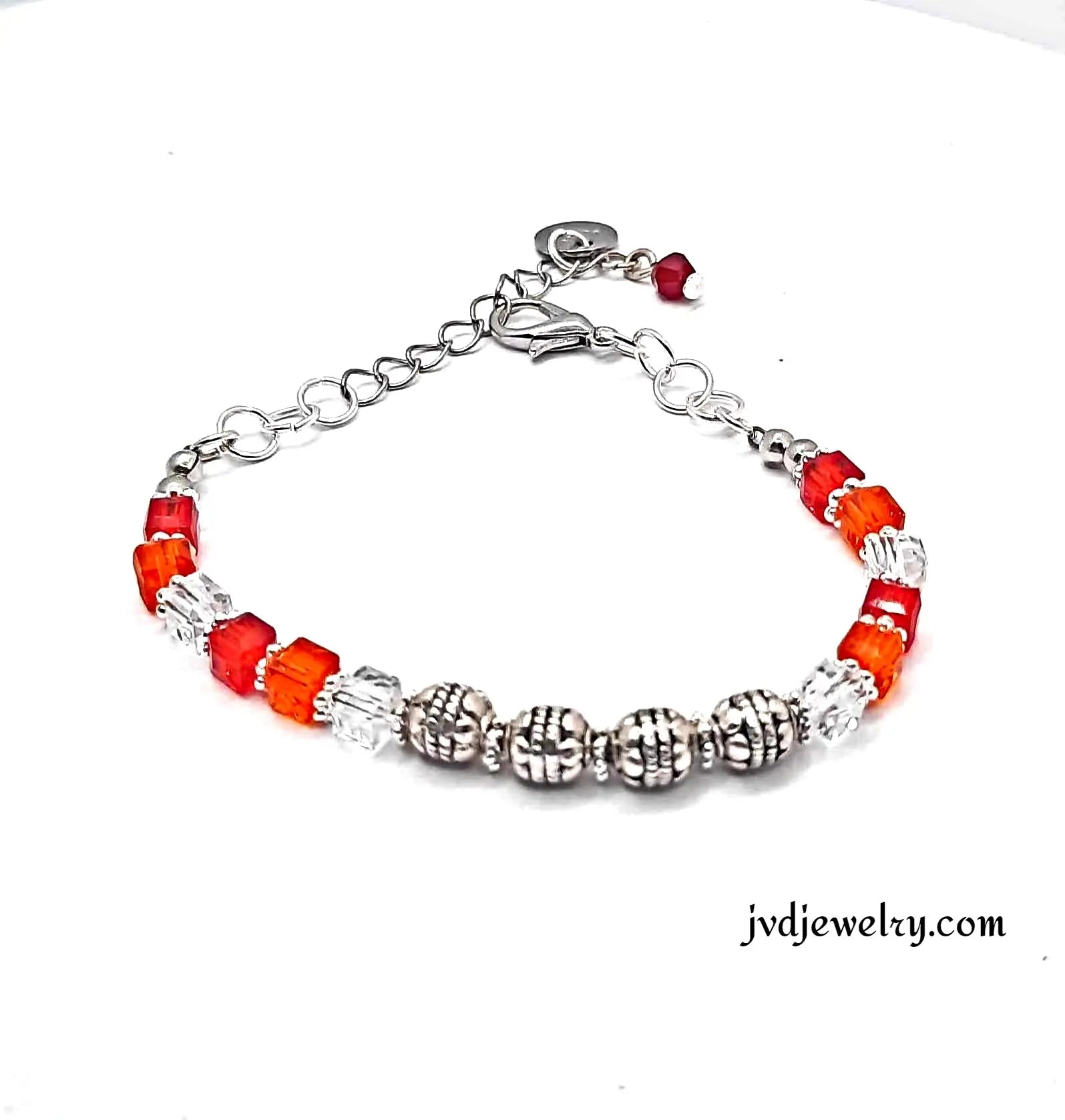 Red orange silver beaded Bracelet - Image #1