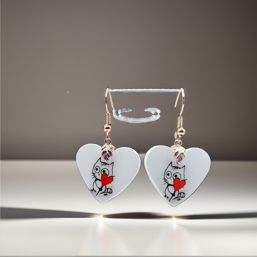 Short white resincrete heart kitty cat Earrings