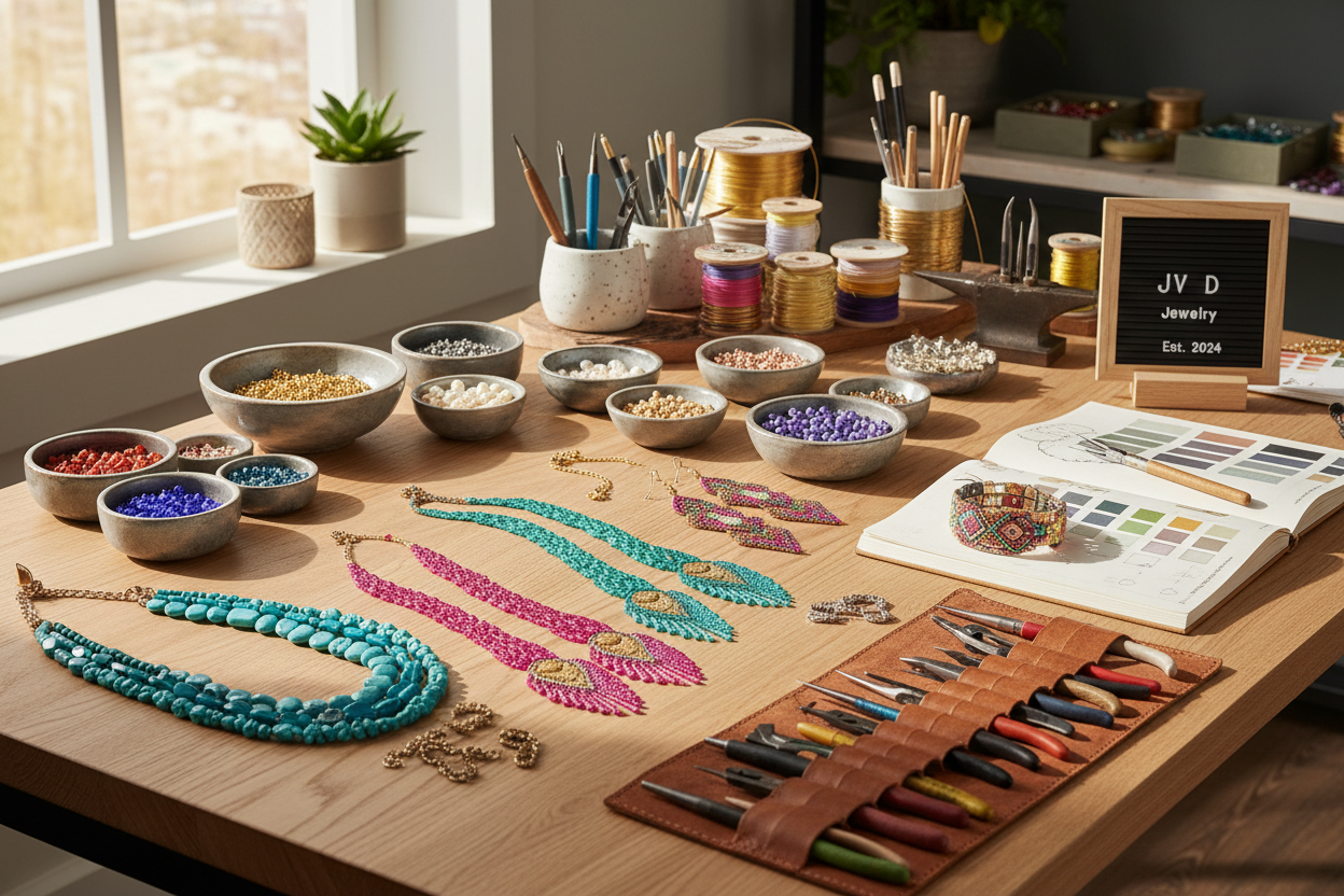 Designer workspace with colorful handcrafted jewelry