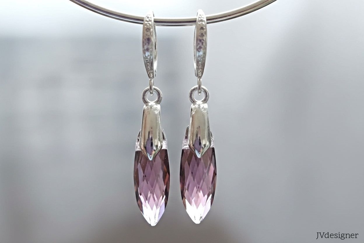 Iridescent Faceted Crystal Drop Earrings - Handmade Silver Brass Hook Dangle Earrings