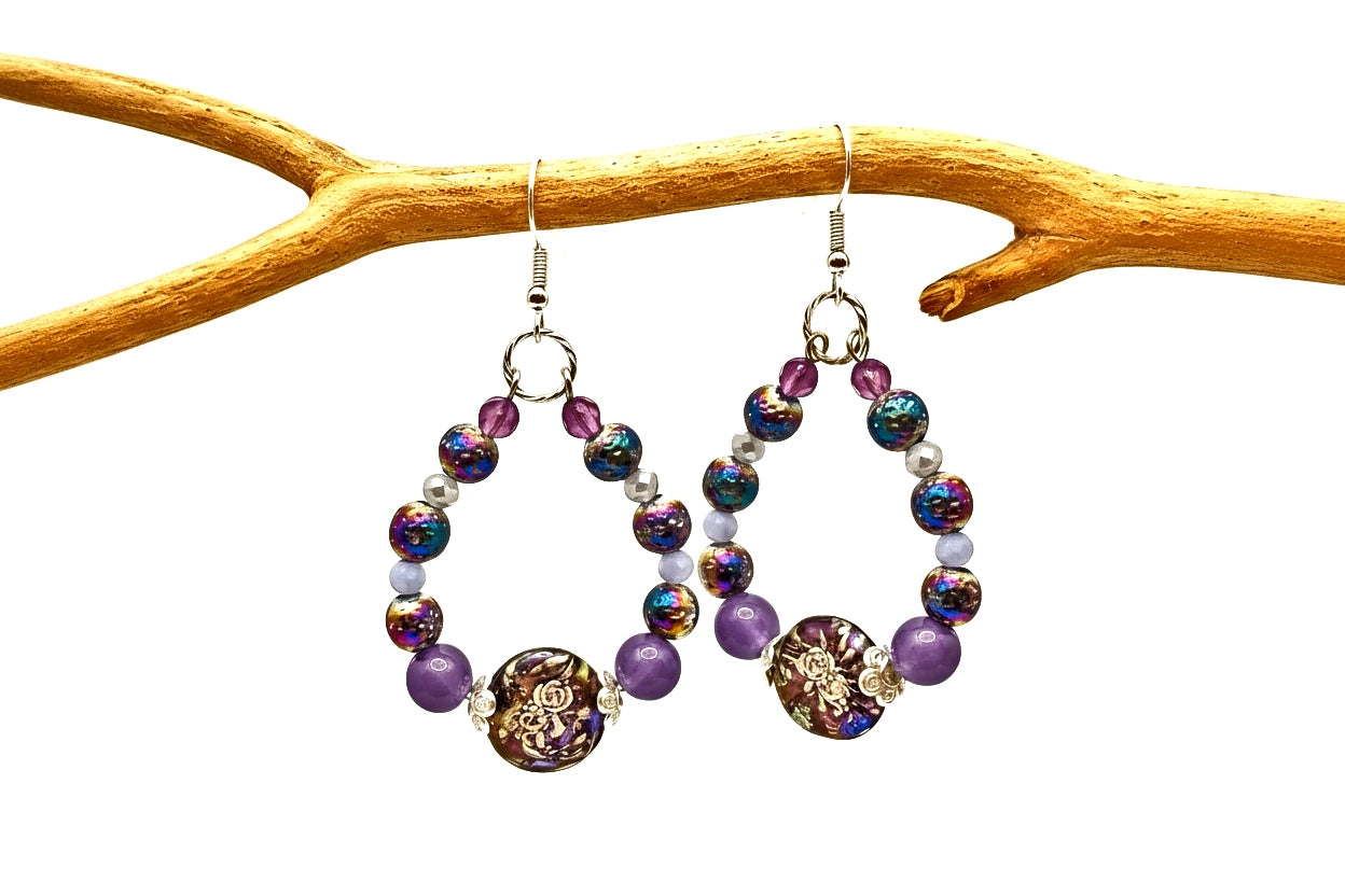 Purple Hoop Earrings Lampwork Cat Eye Beads | Silver Plated 2.5" | Handmade Jewelry