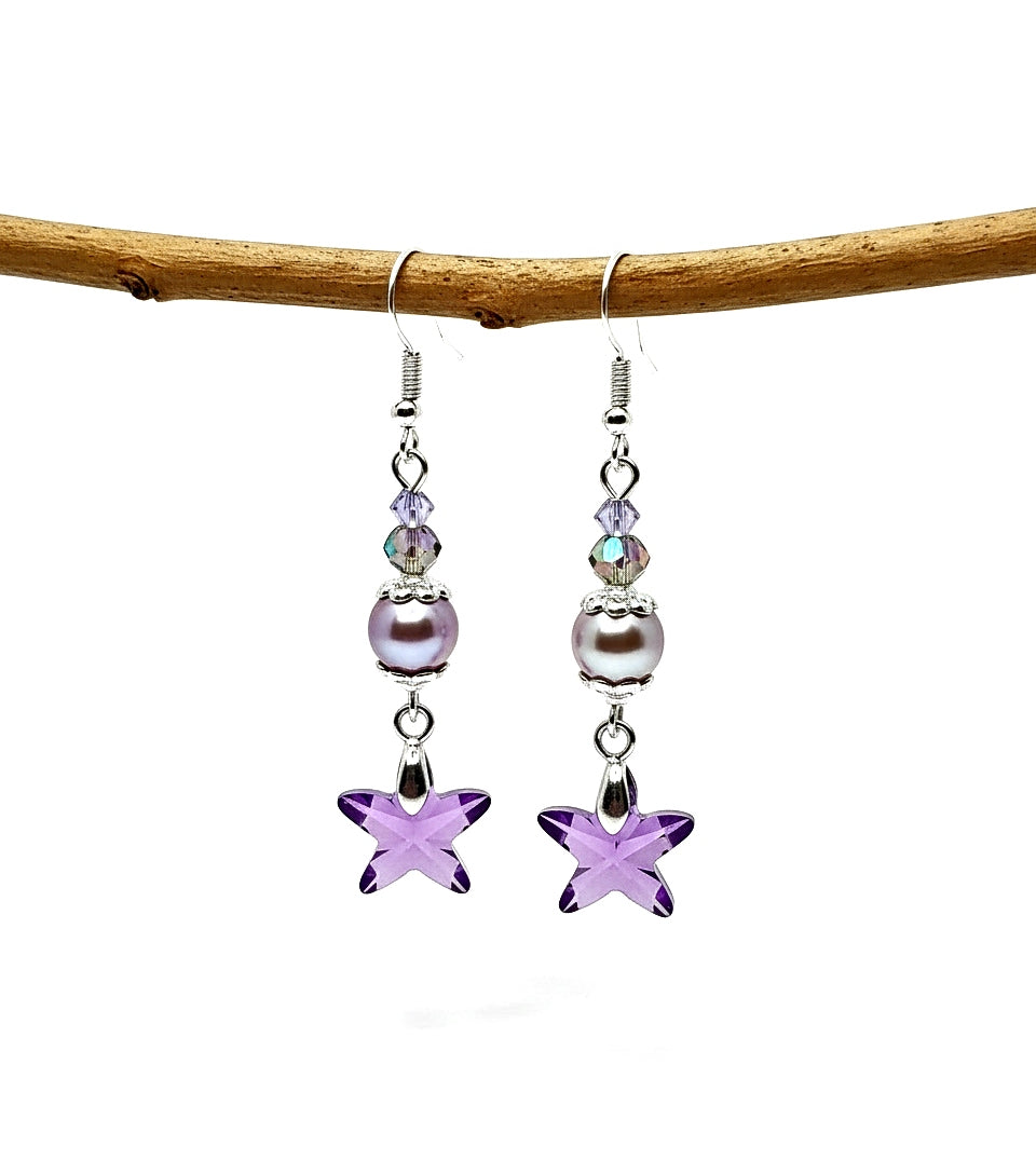 Crystal Star Earrings - Lavender Glass Pearls | 2.5 Inches