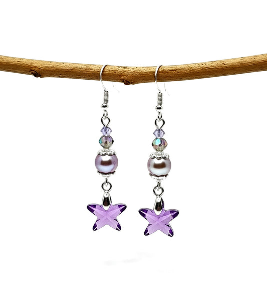 Crystal Star Earrings - Lavender Glass Pearls | 2.5 Inches