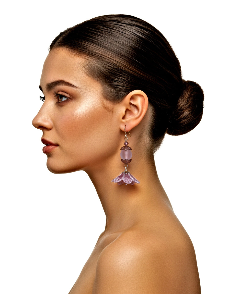 PINK HALF FLOWER MATERIAL BEADED EARRINGS BICONE SWAROVSKI 2 INCHES