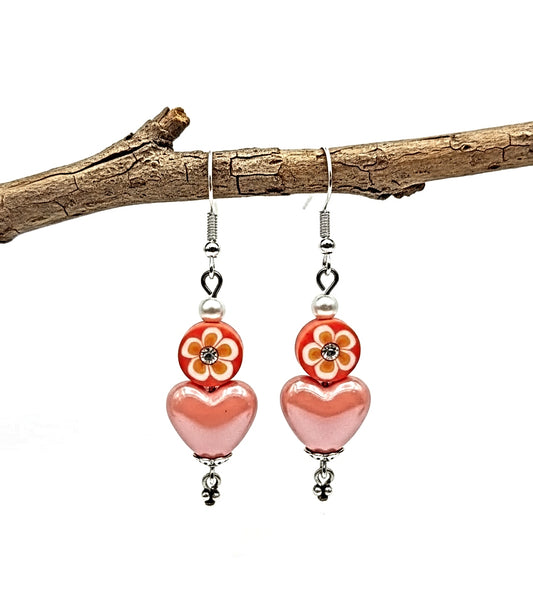 Handcrafted Peach Blossom Heart Earrings