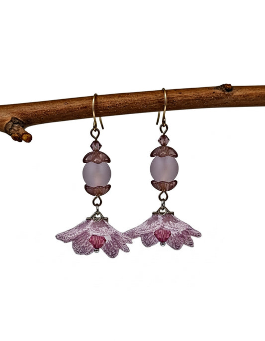 PINK HALF FLOWER MATERIAL BEADED EARRINGS BICONE SWAROVSKI 2 INCHES