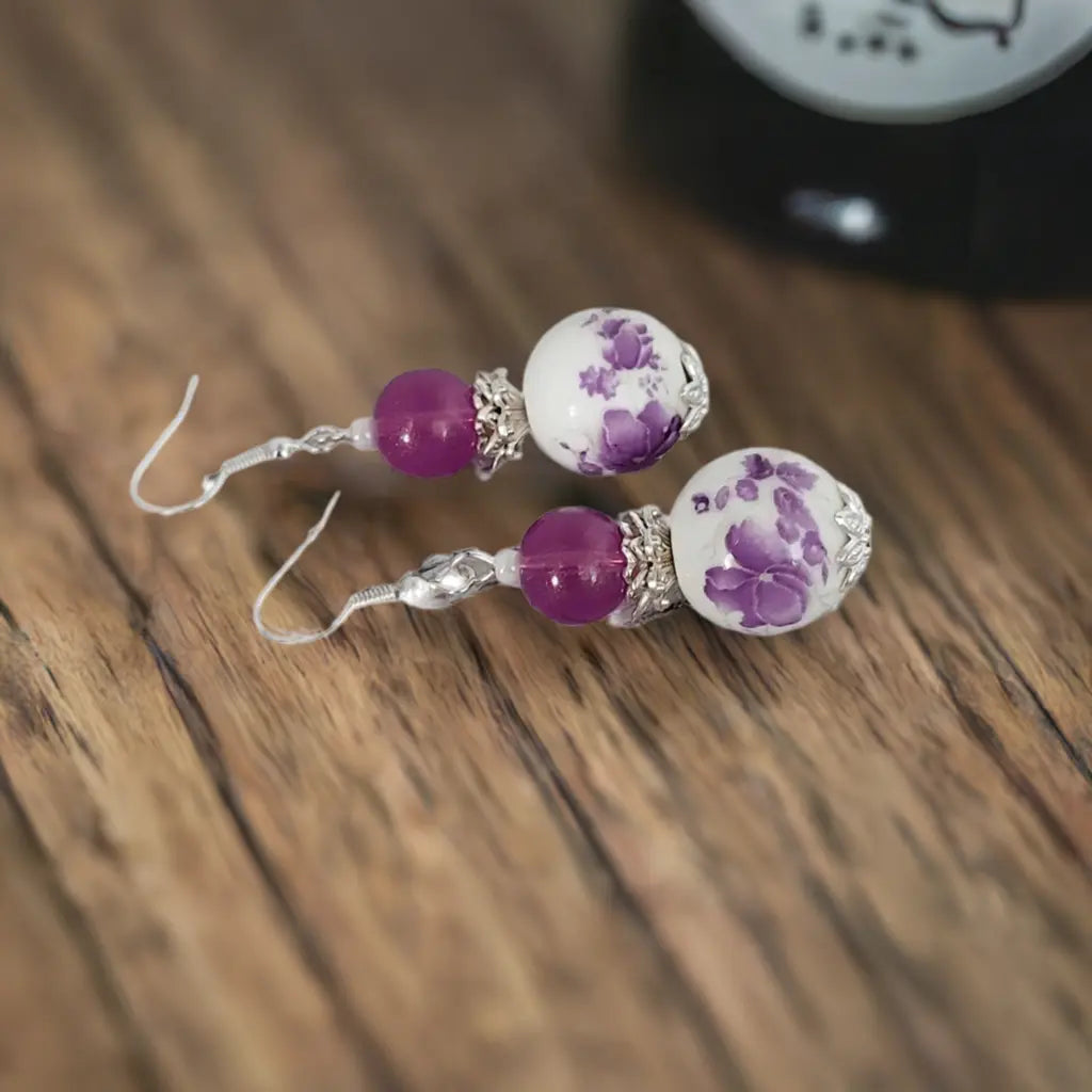 PURPLE PORCELAIN SILVER BEADED EARRINGS - Image #2