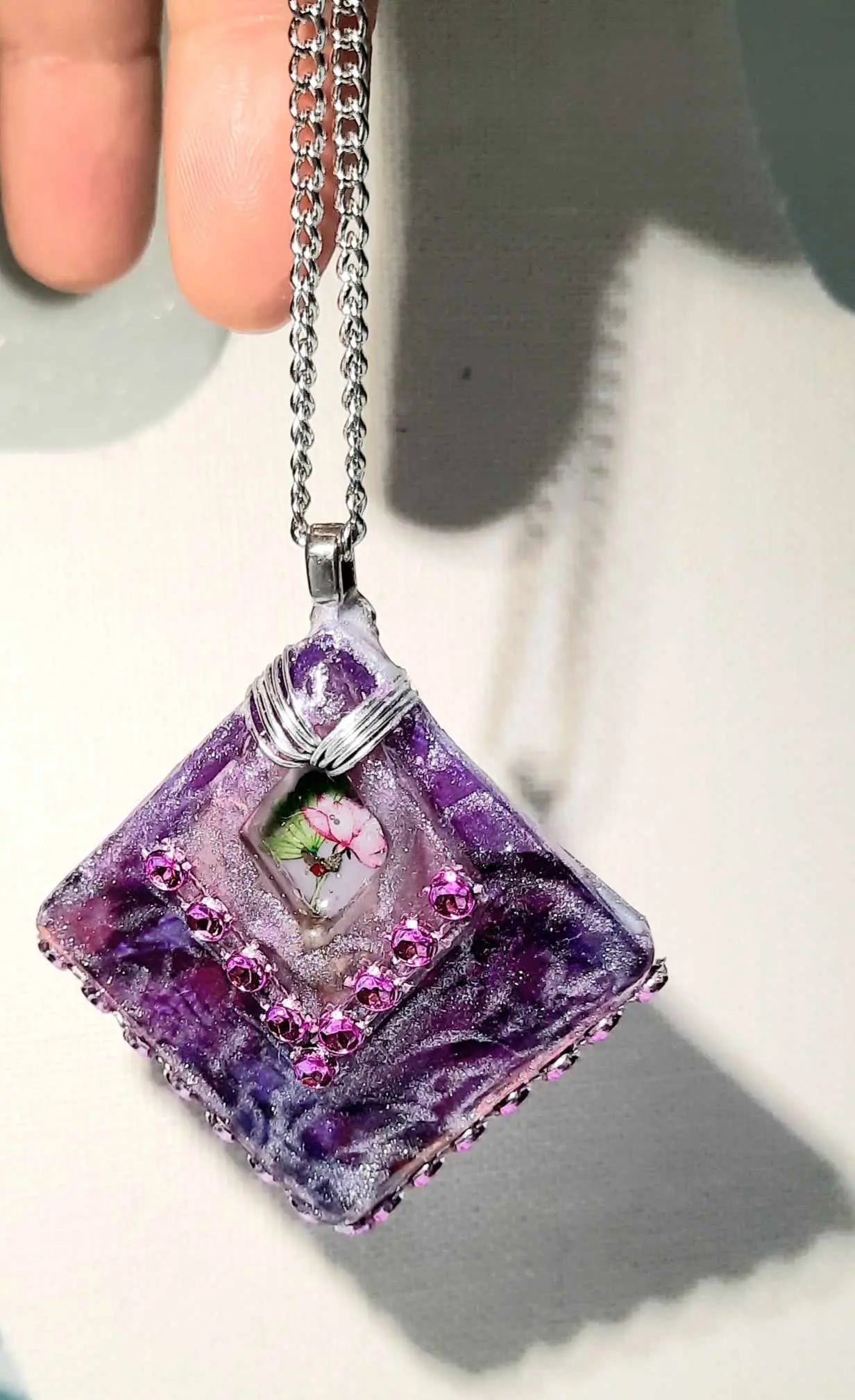Resined purple flower pink Necklace pendant by Josie - Image #2