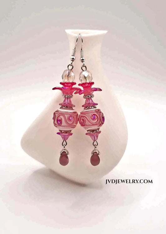 Pink Lampwork beaded drop Earrings 2.75" - Image #1