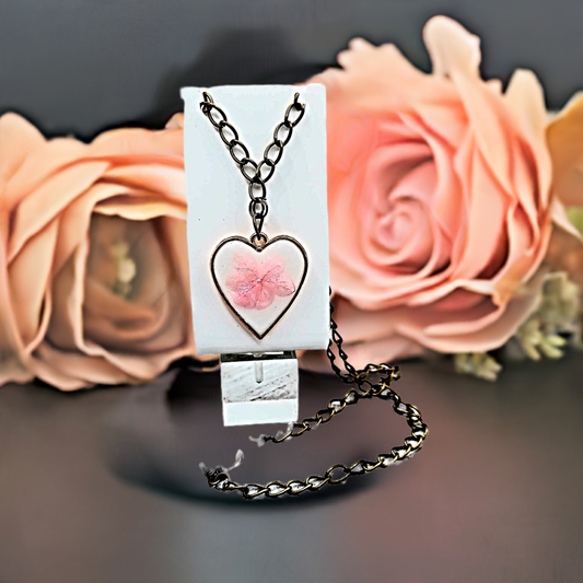 Enchanting soft pink Flower heart Necklace Bronze chain 19inches