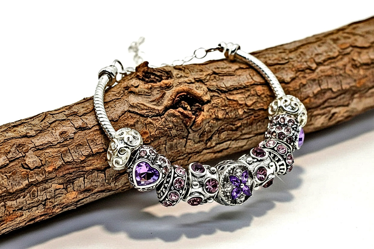 Silver Plated European Charm Bracelet - Tibetan Beads & Rhinestones | Adjustable 6-8"